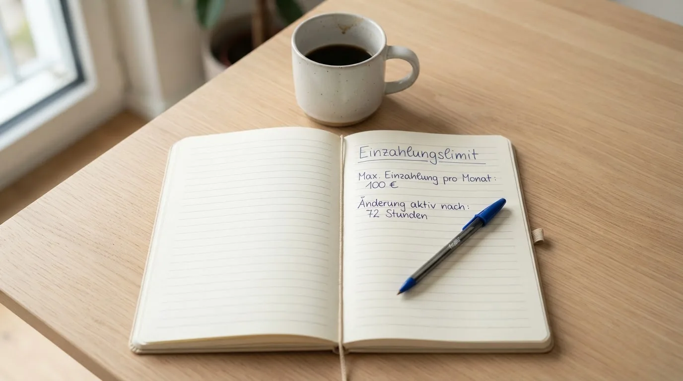 Ein aufgeschlagenes Notizbuch mit handschriftlichen Notizen und ein Kugelschreiber liegen auf einem hellen Schreibtisch neben einer Kaffeetasse.