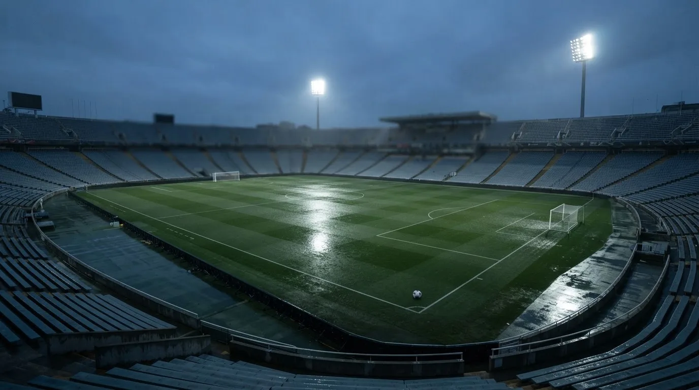 Ein Fußballplatz mit Flutlichtmasten in der Abenddämmerung, aus der Ferne gesehen, leere Tribünen und nasser Rasen unter bewölktem Himmel.