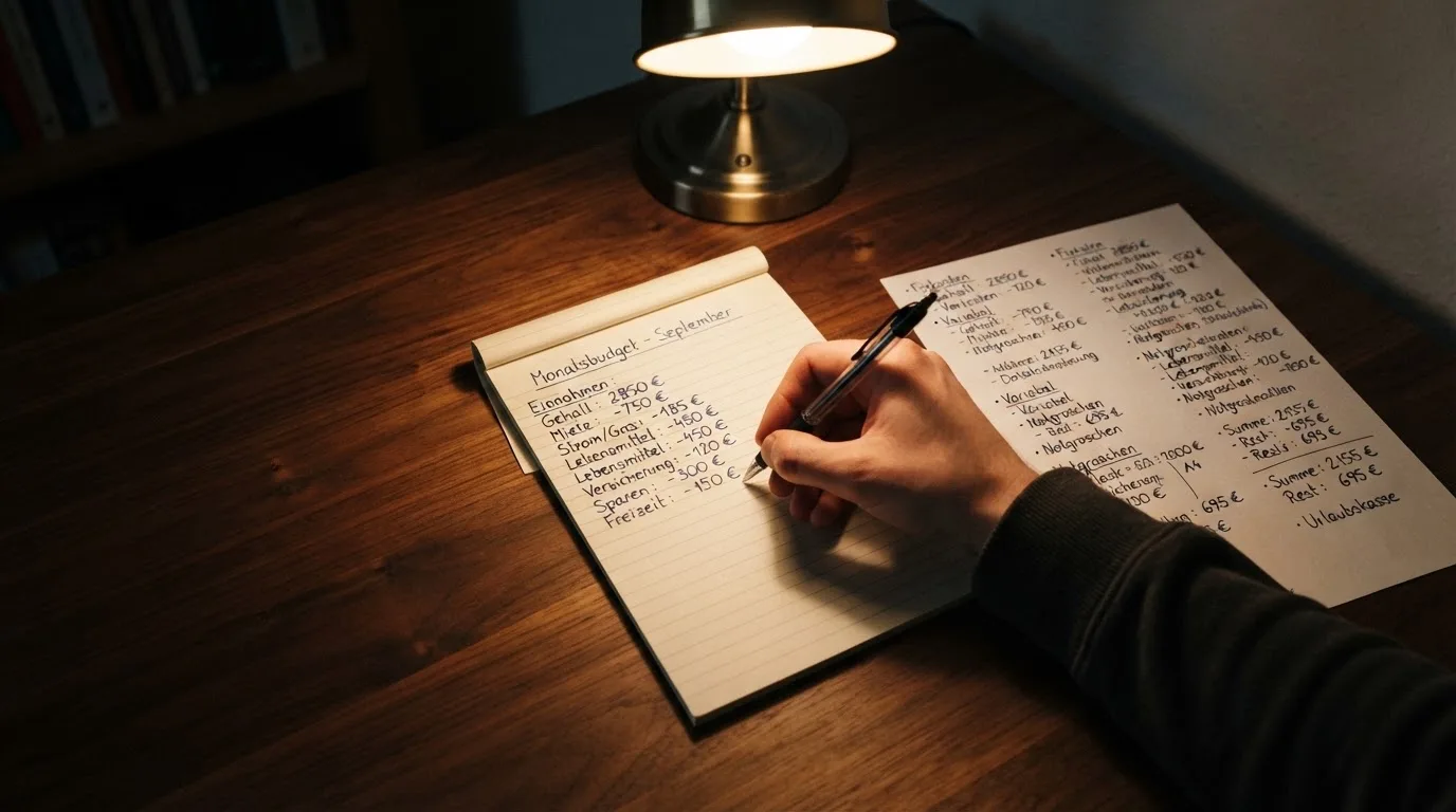Ein Taschenrechner und ein Blatt Papier mit handschriftlichen Notizen liegen auf einem Schreibtisch unter dem warmen Licht einer Lampe.