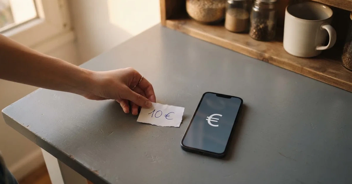 Eine Hand legt ein paar Münzen neben ein umgedrehtes Smartphone auf eine graue Tischplatte, dahinter verschwommen ein Küchenregal.