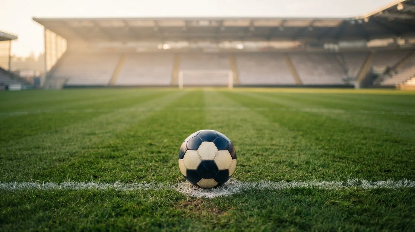 Ein Fußball liegt auf dem Elfmeterpunkt eines leeren Rasenplatzes, im Hintergrund eine Tribüne im Dunst.