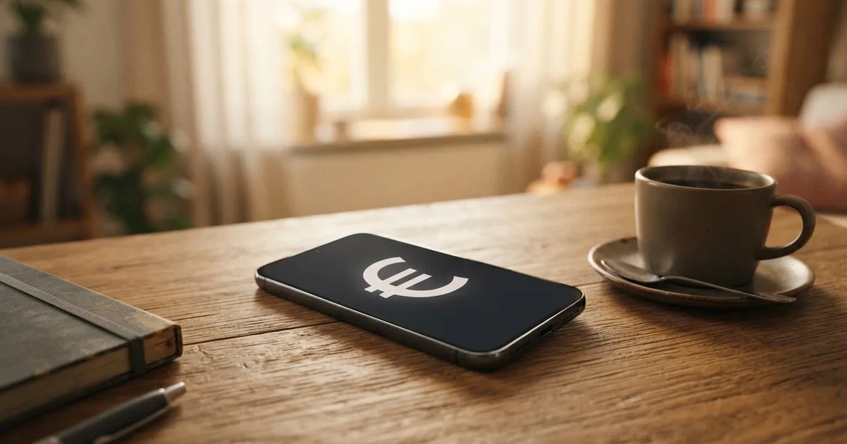 Zwei Euro-Scheine und ein Smartphone liegen auf einem Holztisch neben einer Tasse, im Hintergrund ein unscharfes Fenster.