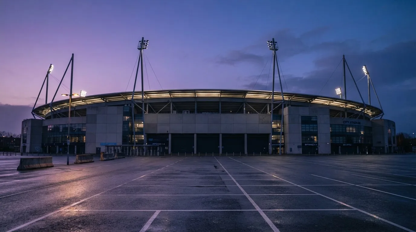 Ein Fußballstadion von außen in der Dämmerung, hohe Flutlichtmasten vor einem violetten Himmel, davor ein leerer Parkplatz.