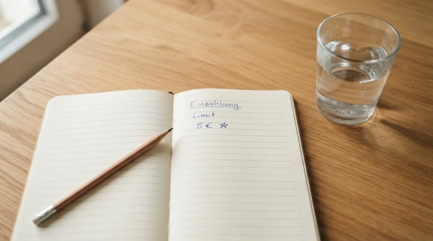 Ein aufgeschlagenes Heft mit handschriftlichen Notizen und ein Bleistift liegen auf einem Schreibtisch, daneben ein Glas Wasser.