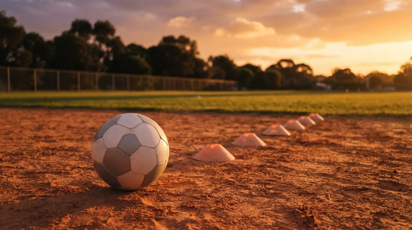 Ein Fußball auf rotem Sandboden neben einer Reihe Hütchen auf einem Trainingsplatz bei untergehender Sonne.