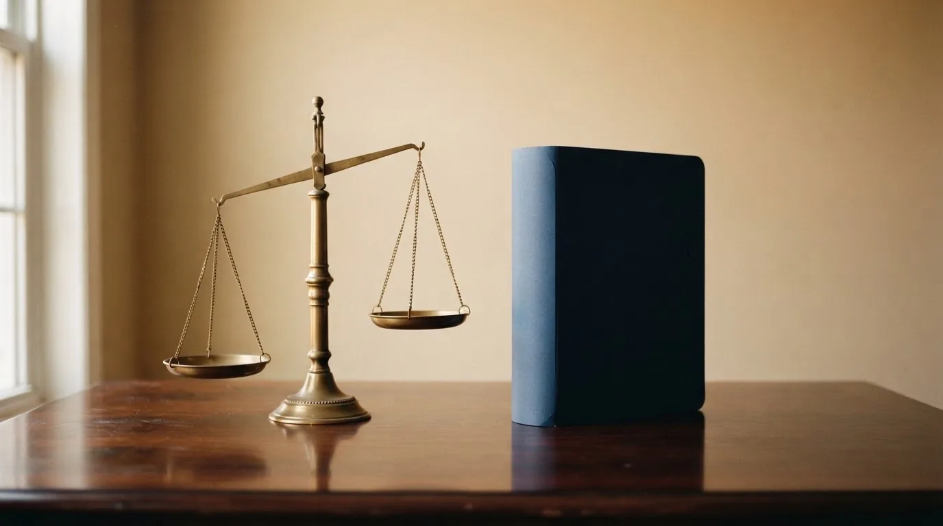 Eine Waage aus Messing und ein geschlossener Aktenordner ohne Beschriftung stehen auf einem polierten Schreibtisch.