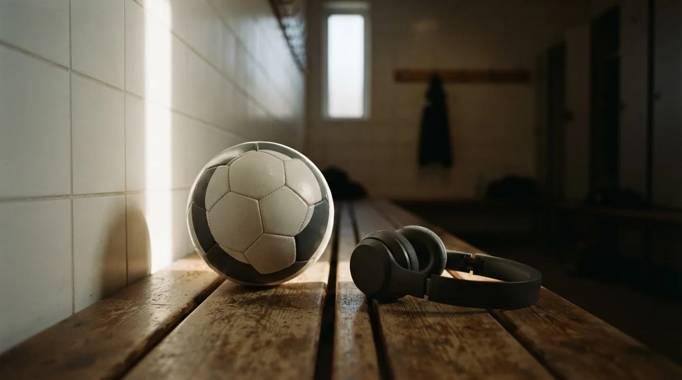Ein Fußball liegt neben Kopfhörern auf einer Holzbank in einer Umkleide, Licht fällt durch ein schmales Fenster.