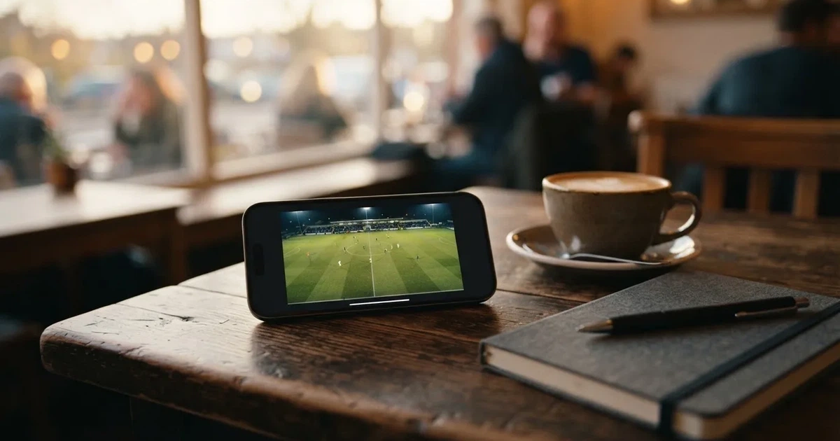 Ein Smartphone mit dunklem Bildschirm liegt auf einem Tisch in einem Café, daneben eine Tasse und ein Notizbuch.