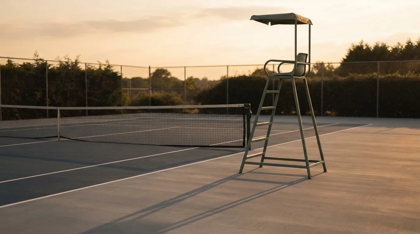 Ein leerer Schiedsrichterstuhl am Spielfeldrand eines Tennisplatzes im Abendlicht, lange Schatten auf dem Belag.
