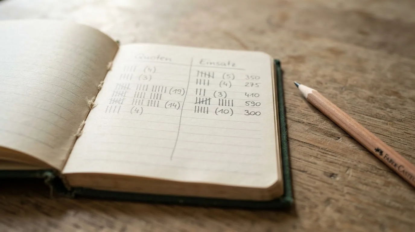 Ein handschriftlich geführtes Heft mit Strichlisten liegt neben einem Bleistift auf einem Tisch, seitlich fällt Tageslicht herein.