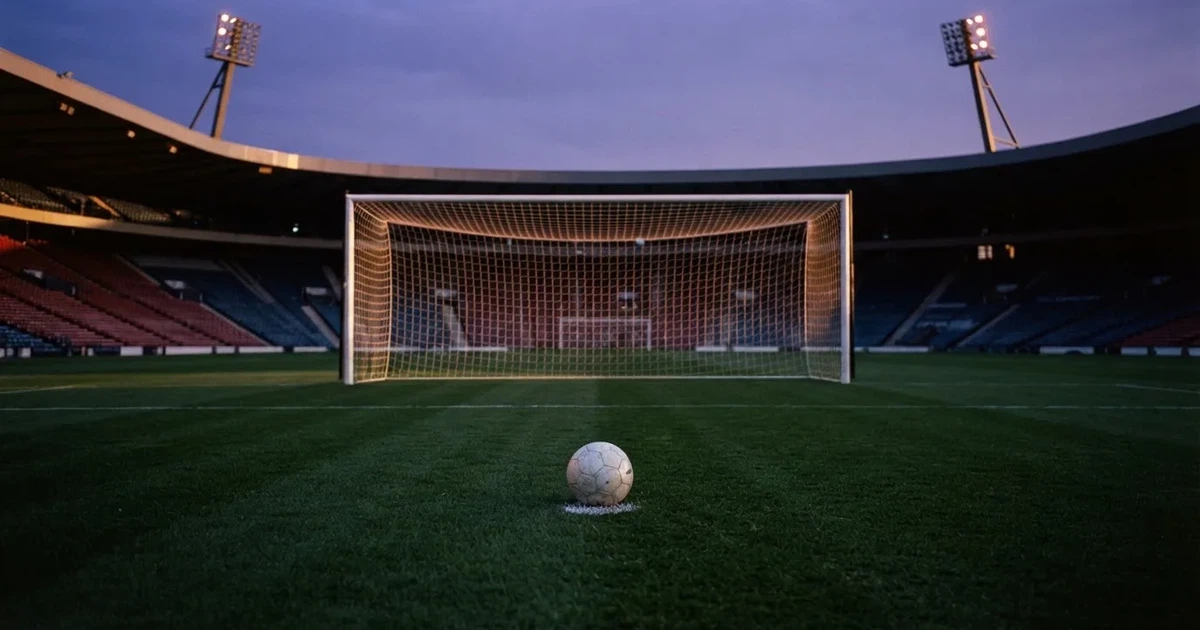 Ein Fußball liegt im Strafraum direkt vor dem Tor mit Netz, im Hintergrund leere Ränge bei Dämmerung.