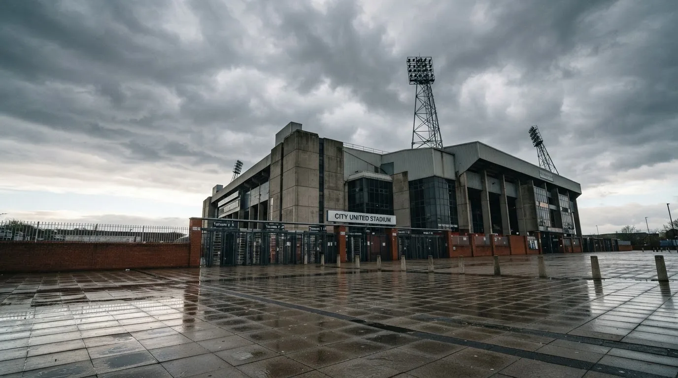 Ein leeres Stadion von außen, hohe Flutlichtmasten vor einem grauen Himmel mit Regenwolken.