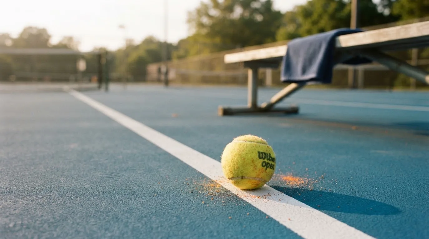 Ein gelber Tennisball liegt auf einer weißen Linie, daneben ein Handtuch auf einer Bank am Spielfeldrand.