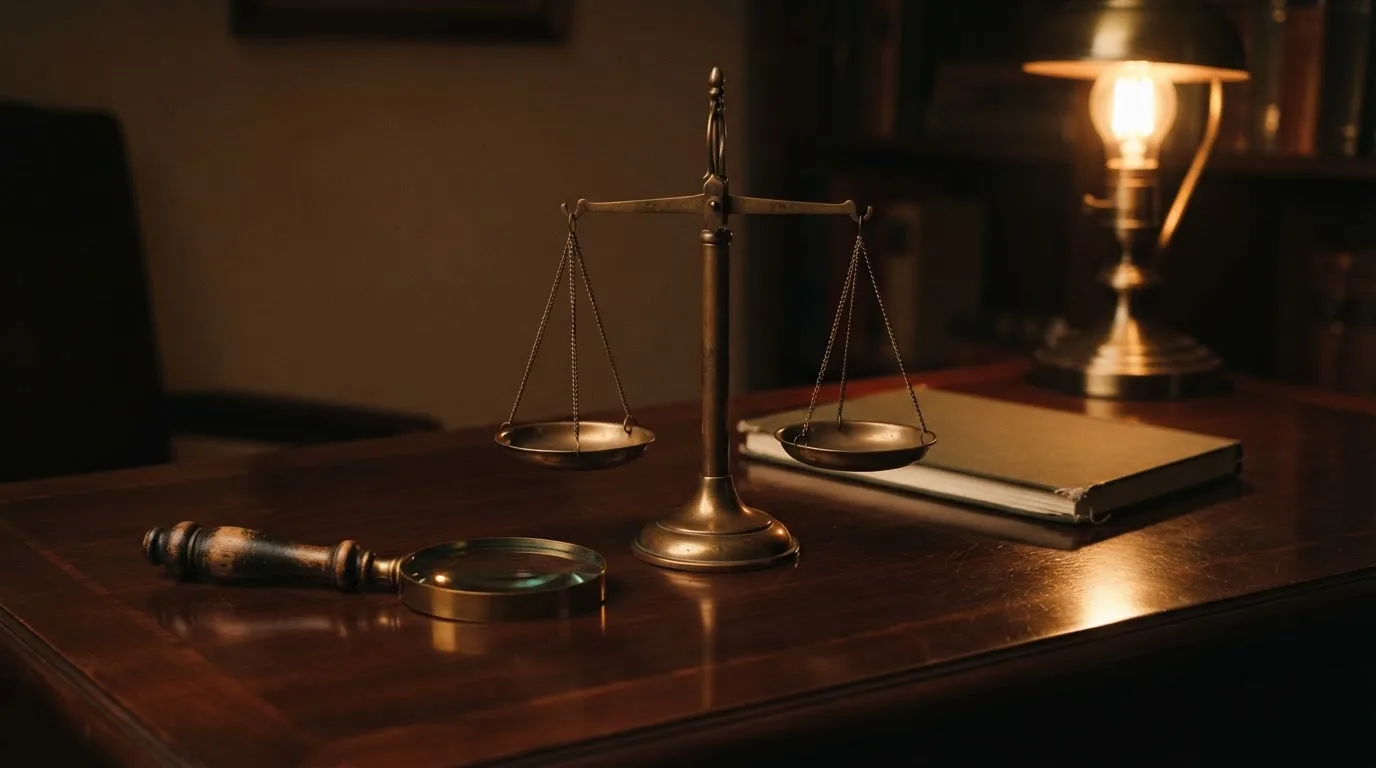 Eine Waage aus Messing steht neben einer Lupe auf einem polierten Schreibtisch im Licht einer Lampe.
