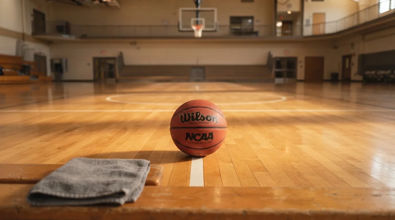 Ein Basketball liegt auf der Freiwurflinie einer Halle, im Vordergrund ein Handtuch auf einer Bank.