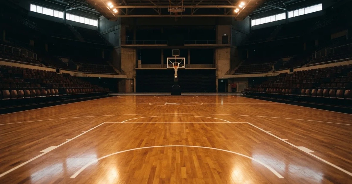 Eine leere Basketballhalle mit glänzendem Parkett und einem Korb im Hintergrund, Licht von Deckenstrahlern spiegelt sich im Boden.