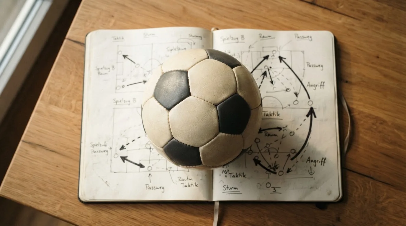 Ein Fußball liegt auf einem Notizbuch mit handgezeichneten Skizzen von Spielzügen, aufgenommen von oben auf einem Holztisch.
