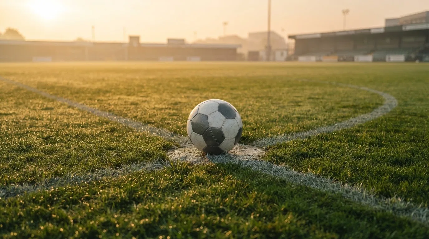 Ein Fußball liegt auf dem Anstoßpunkt eines Rasens bei Sonnenaufgang, Tau glitzert auf den Halmen.
