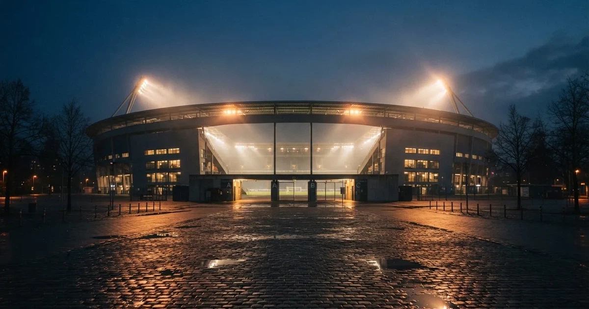 Ein großes Fußballstadion bei Flutlicht von außen, davor ein leerer Vorplatz mit nassem Pflaster und Dunst.