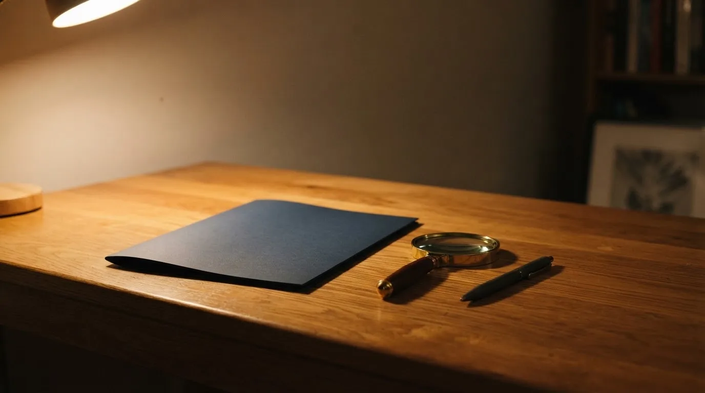 Ein Schreibtisch mit Kugelschreiber, Lupe und einem geschlossenen Ordner ohne Beschriftung in warmem Lampenlicht.