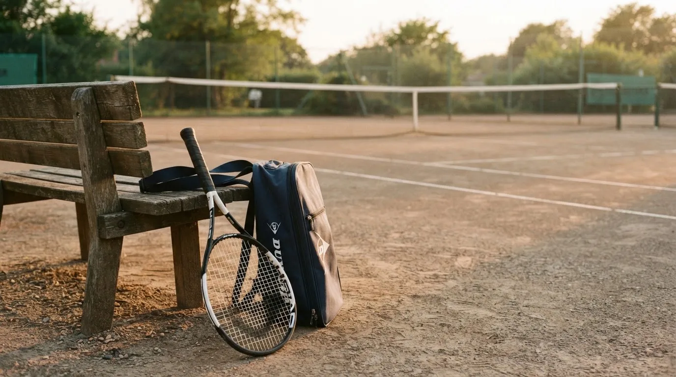 Ein Tennisschläger lehnt an einer Bank neben einer Sporttasche, im Hintergrund ein leerer Platz.