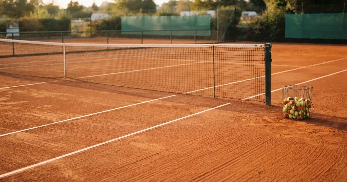Ein Sandplatz mit frisch gezogenen Linien in der Nachmittagssonne, Netz und Ballkorb am Rand, keine Menschen.