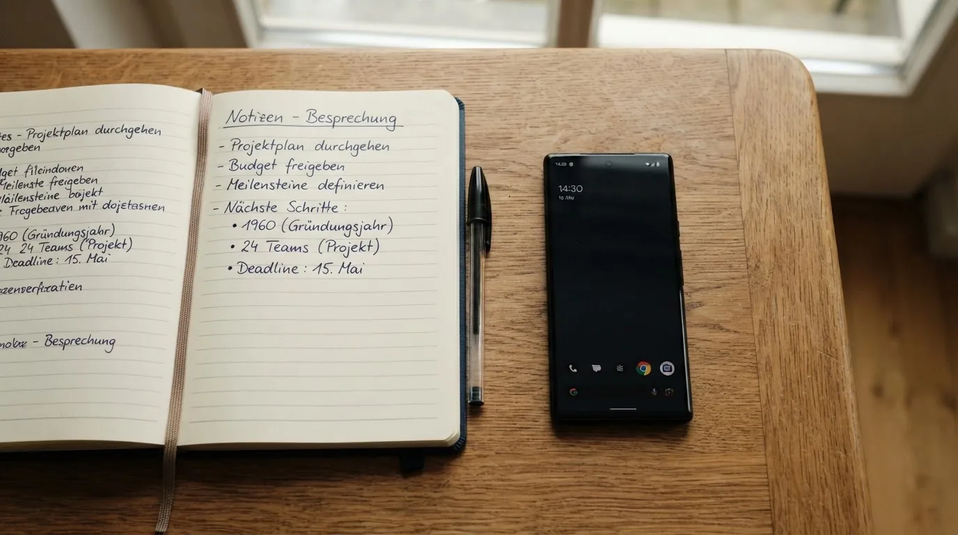 Ein Notizbuch mit handschriftlichen Notizen und ein Kugelschreiber liegen neben einem Smartphone mit dunklem Display auf einem Holztisch.