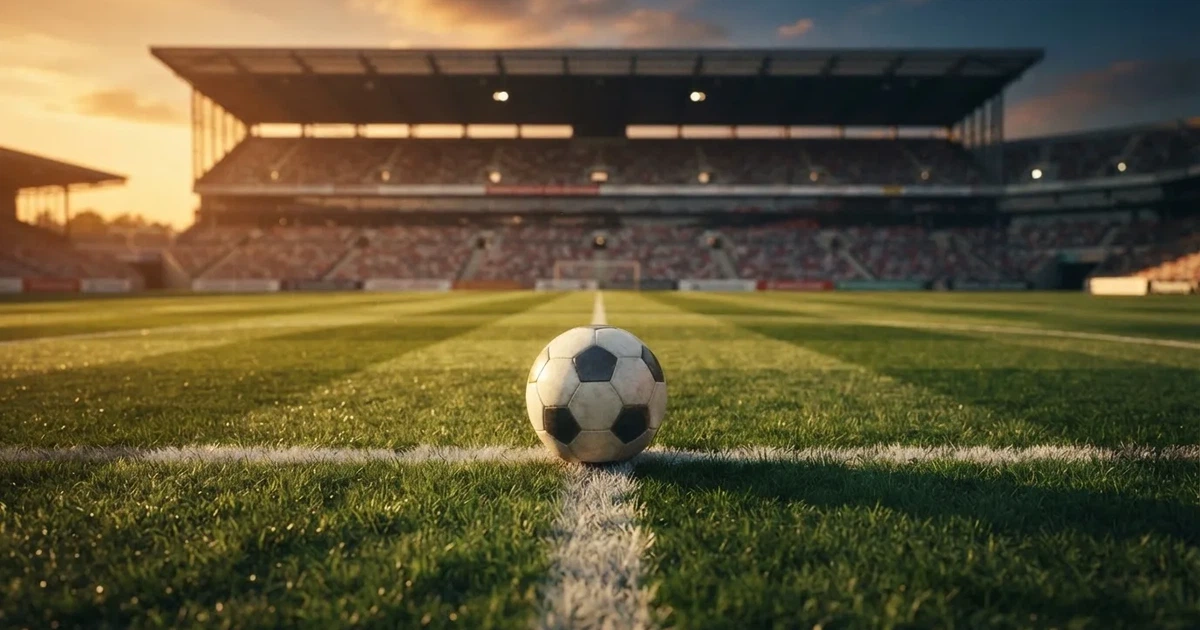 Ein Fußball liegt auf dem Anstoßpunkt eines leeren Rasenplatzes, im Hintergrund eine große Stadiontribüne im Abendlicht.