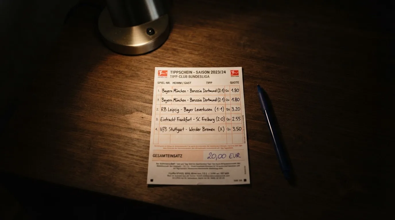 Ein leerer Wettschein aus Papier liegt neben einem Stift auf einem Schreibtisch im Licht einer kleinen Tischlampe.