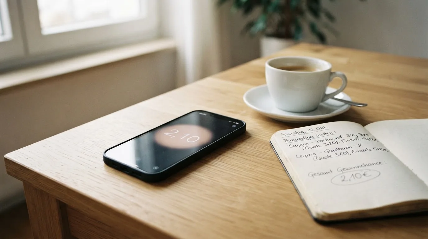 Ein Smartphone mit dunklem Display liegt neben einer Kaffeetasse und einem Notizblock auf einem hellen Tisch.