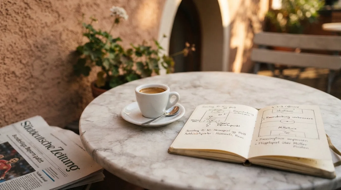 Eine Espressotasse steht auf einem kleinen Marmortisch einer Terrasse, daneben ein Notizheft mit handschriftlichen Skizzen.