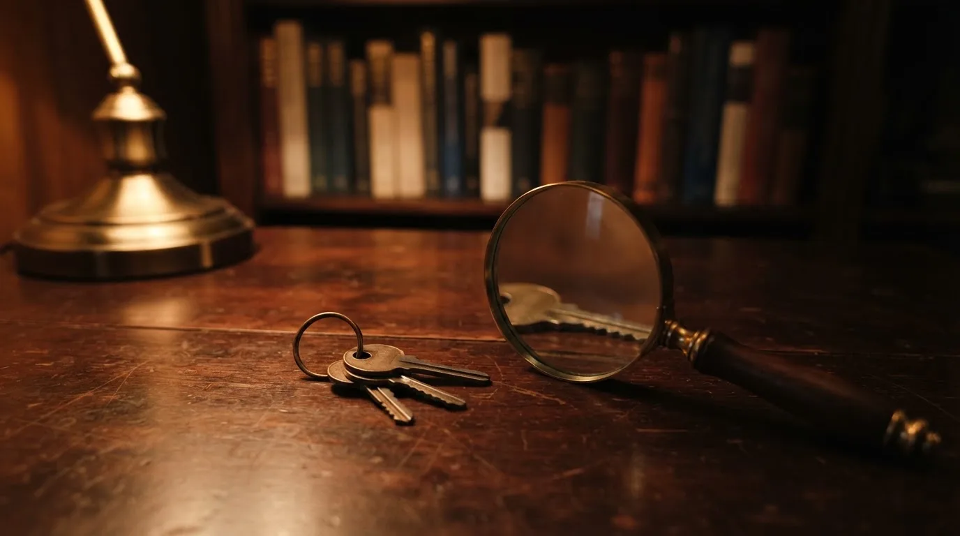 Ein Schlüsselbund und eine Lupe liegen auf einem dunklen Holztisch, im Hintergrund unscharf ein Regal mit Büchern.