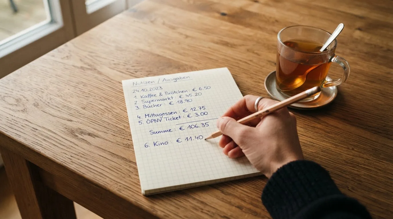 Ein Taschenrechner und ein Bleistift liegen auf einem karierten Notizblock neben einem Glas Tee auf einem Holztisch.