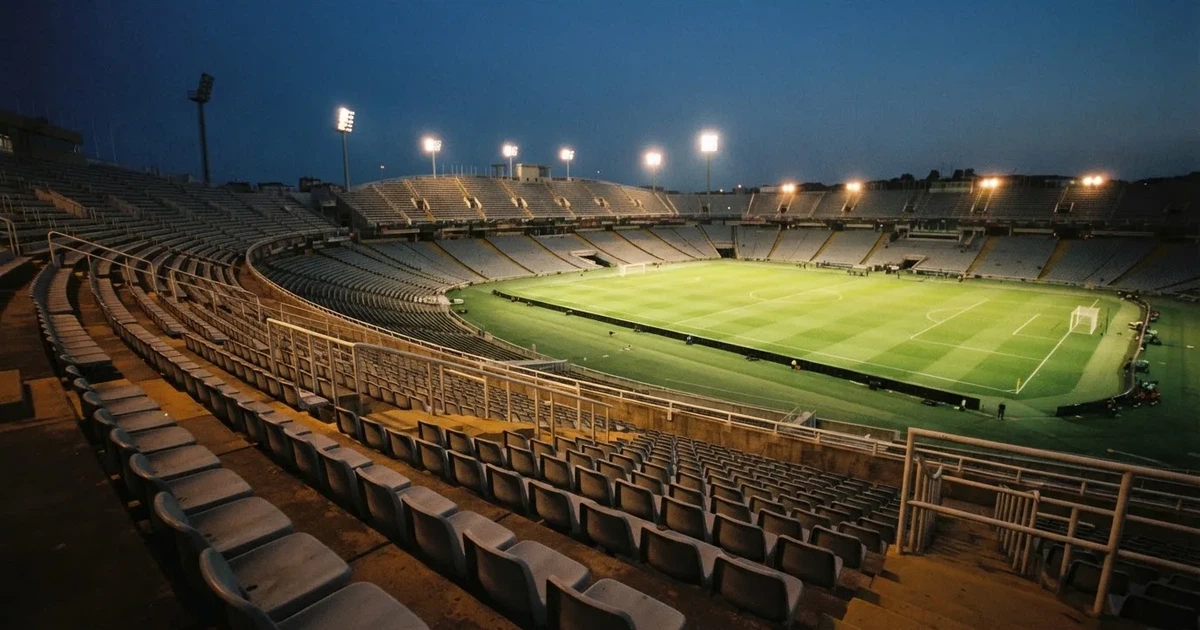 Leere Sitzreihen eines großen Stadions unter Flutlicht, dahinter die ferne Sicht auf den hell beleuchteten Rasen nach Sonnenuntergang.