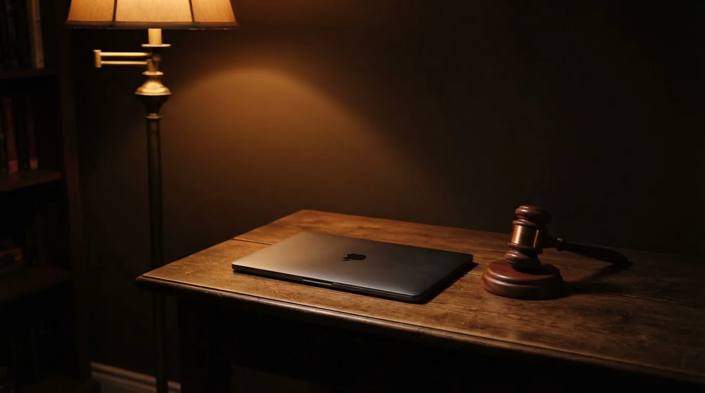 Ein Schreibtisch mit Stehlampe, einem geschlossenen Laptop und einem hölzernen Richterhammer im Halbdunkel.