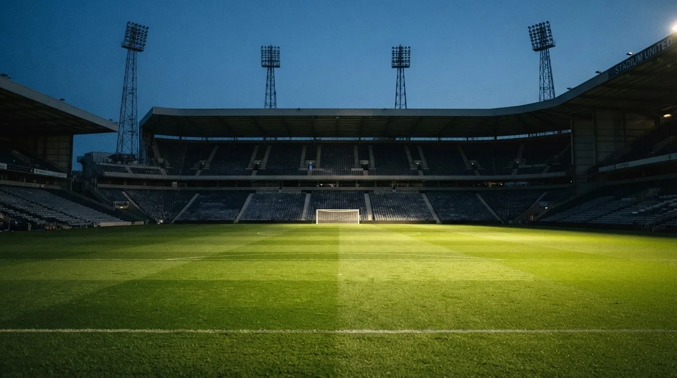 Eine leere Stadiontribüne unter Flutlicht aus der Ferne betrachtet, die Rasenfläche leuchtet grün in der Dämmerung.