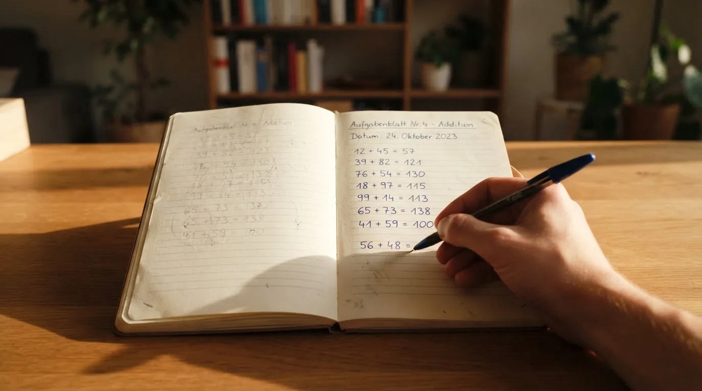 Ein Notizbuch mit handschriftlichen Rechnungen und ein Taschenrechner liegen auf einem aufgeräumten Schreibtisch in warmem Licht.