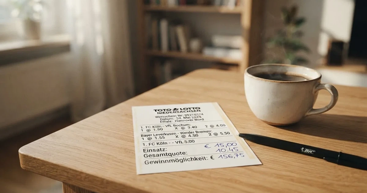 Ein leerer Papier-Wettschein liegt neben einem Kugelschreiber und einer Kaffeetasse auf einem hellen Holztisch, Tageslicht von links.