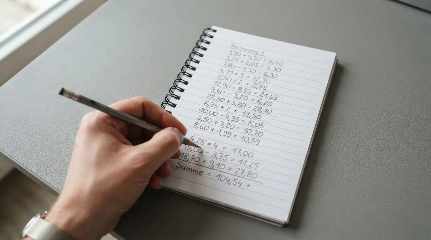 Ein Taschenrechner, ein Bleistift und ein Block mit handschriftlichen Zahlenreihen liegen auf einer grauen Arbeitsfläche.