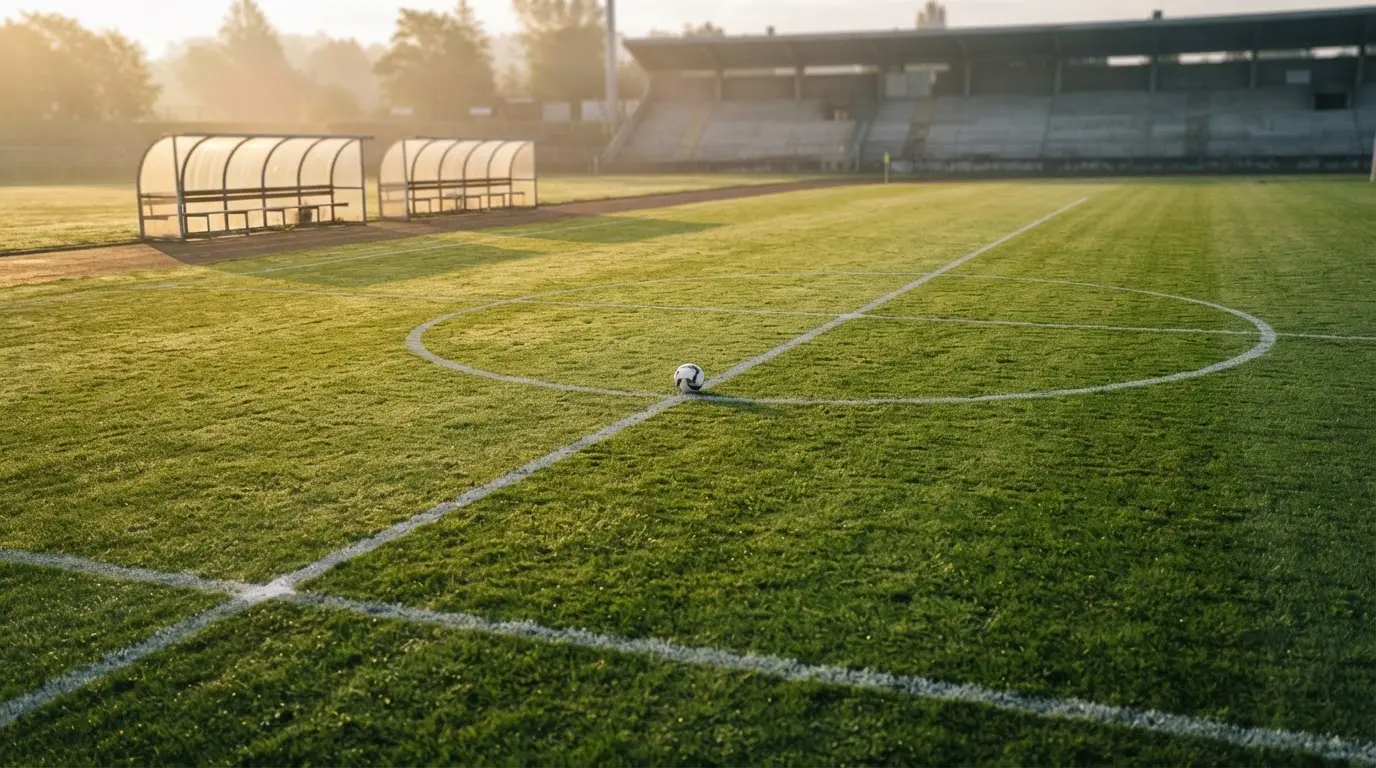 Ein Fußballplatz mit frisch gezogenen Kreidelinien im ersten Morgenlicht, leere Ersatzbänke am Spielfeldrand.