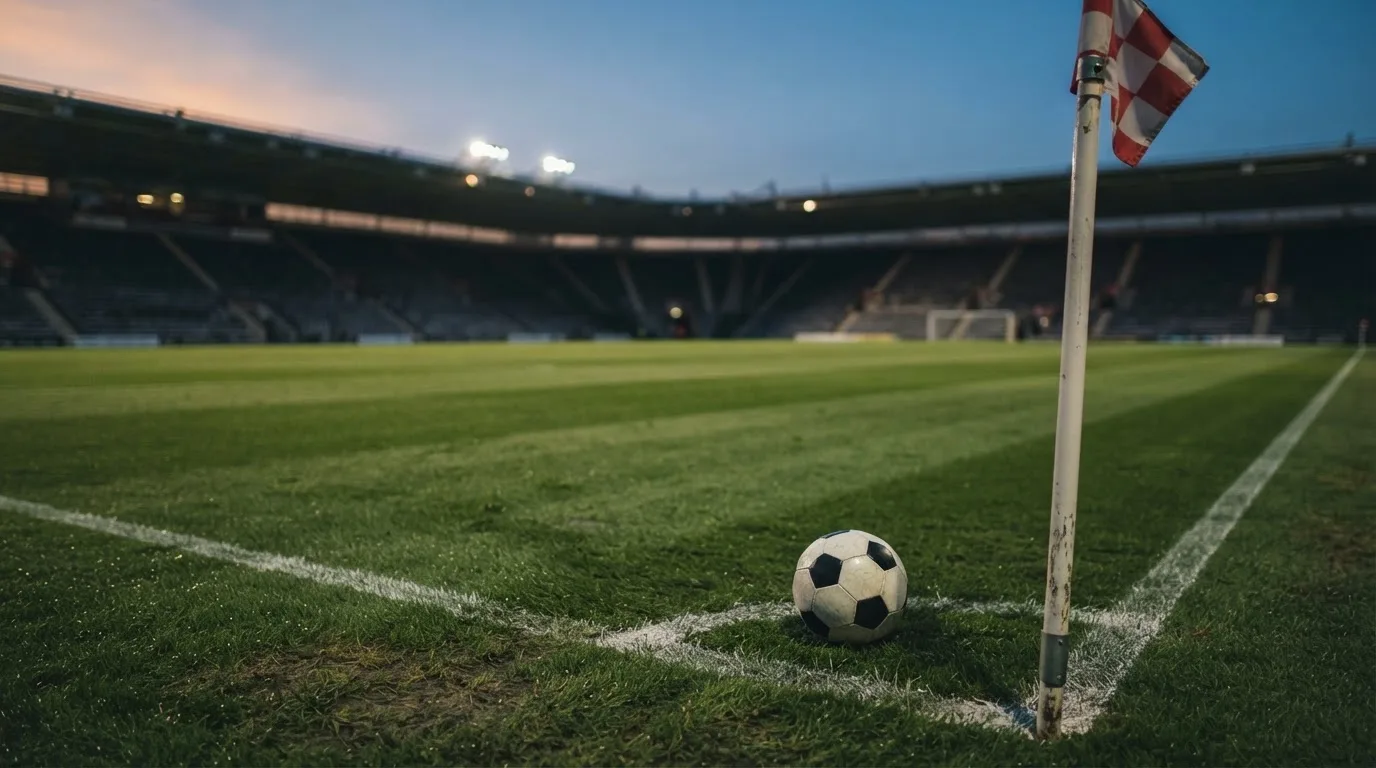 Ein Fußball liegt neben einem Eckfahnen-Pfosten auf einem Rasenplatz, im Hintergrund ein leeres Stadion in der Dämmerung.