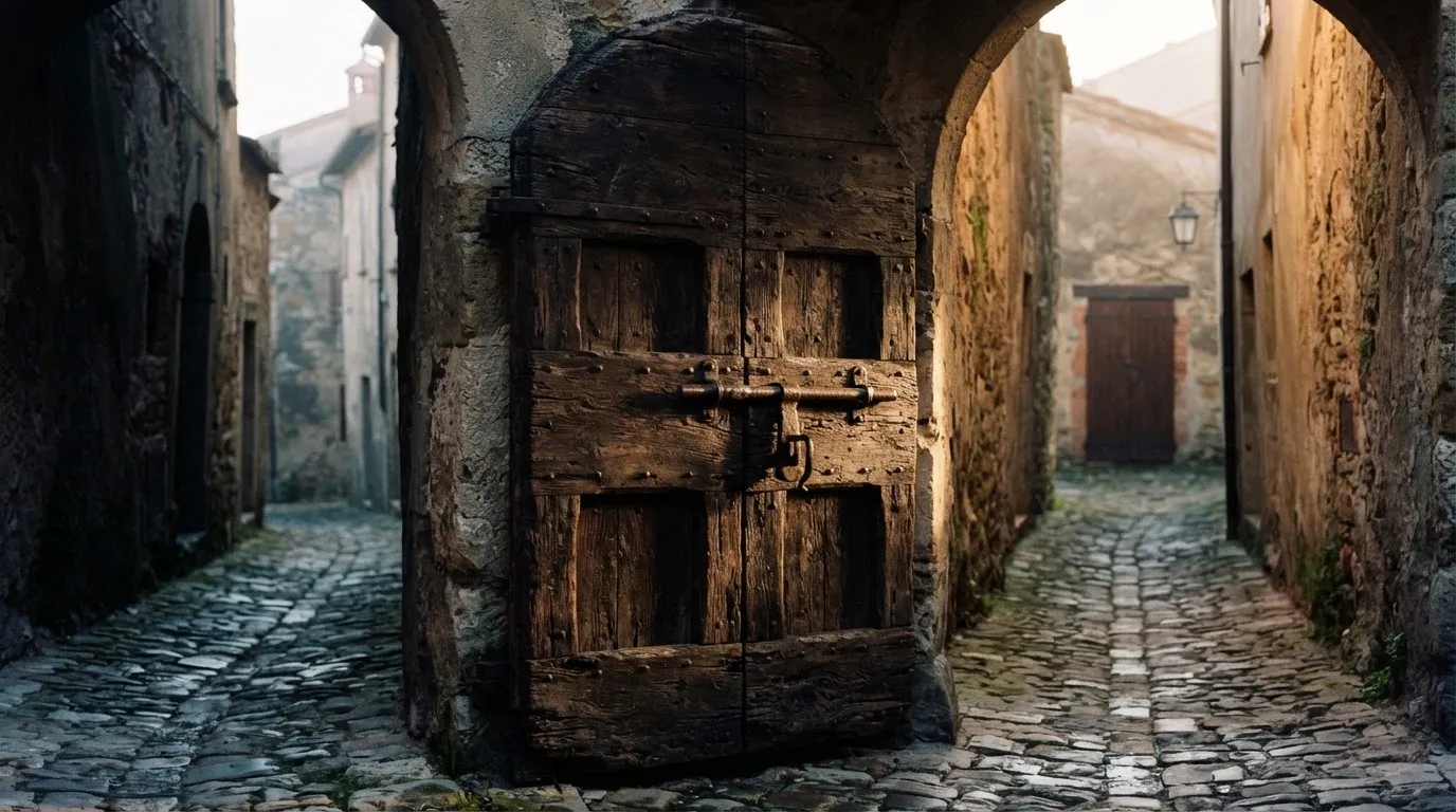 Ein massives Holztor mit eisernem Riegel steht in einer ruhigen Gasse im Morgenlicht.