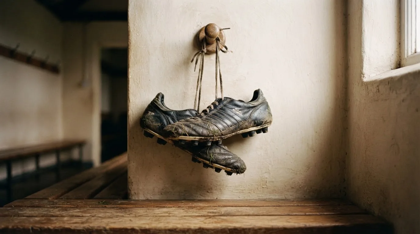 Ein Paar Fußballschuhe hängt an den Schnürsenkeln an einem Holzhaken in einer leeren Umkleidekabine.