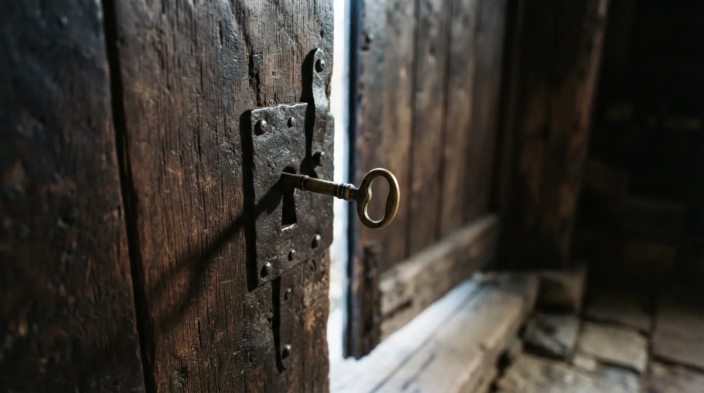 Ein Schlüssel steckt im Schloss einer massiven Holztür, Licht fällt durch einen schmalen Spalt.