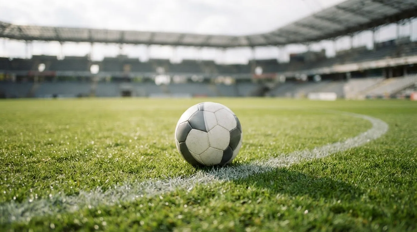 Ein Fußball liegt auf dem Rasen im Mittelkreis, die Kreidelinien führen scharf ins Bild, dahinter verschwimmt eine Tribüne.