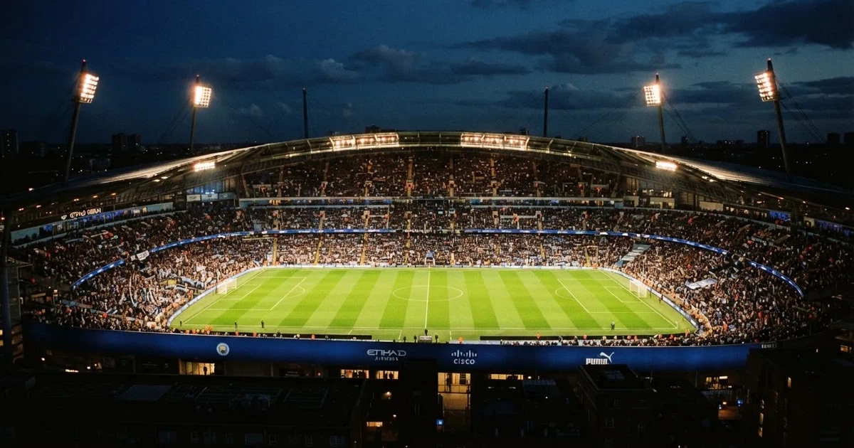 Ein großes Stadion bei Nacht, aus der Ferne unter Flutlicht gesehen, die Ränge hell erleuchtet, der Rasen leuchtend grün.