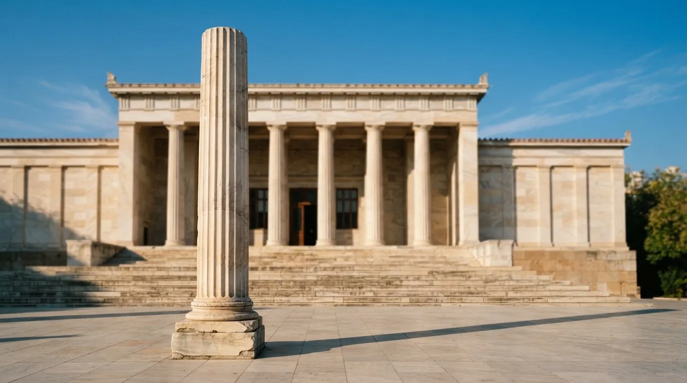 Eine Marmorsäule vor einem klassischen Gebäude, im Hintergrund blauer Himmel.