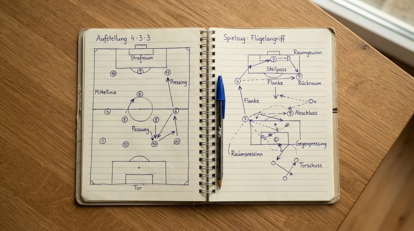 Ein aufgeschlagenes Notizbuch mit handschriftlichen Skizzen von Spielzügen liegt neben einem Kugelschreiber auf einem Holztisch.