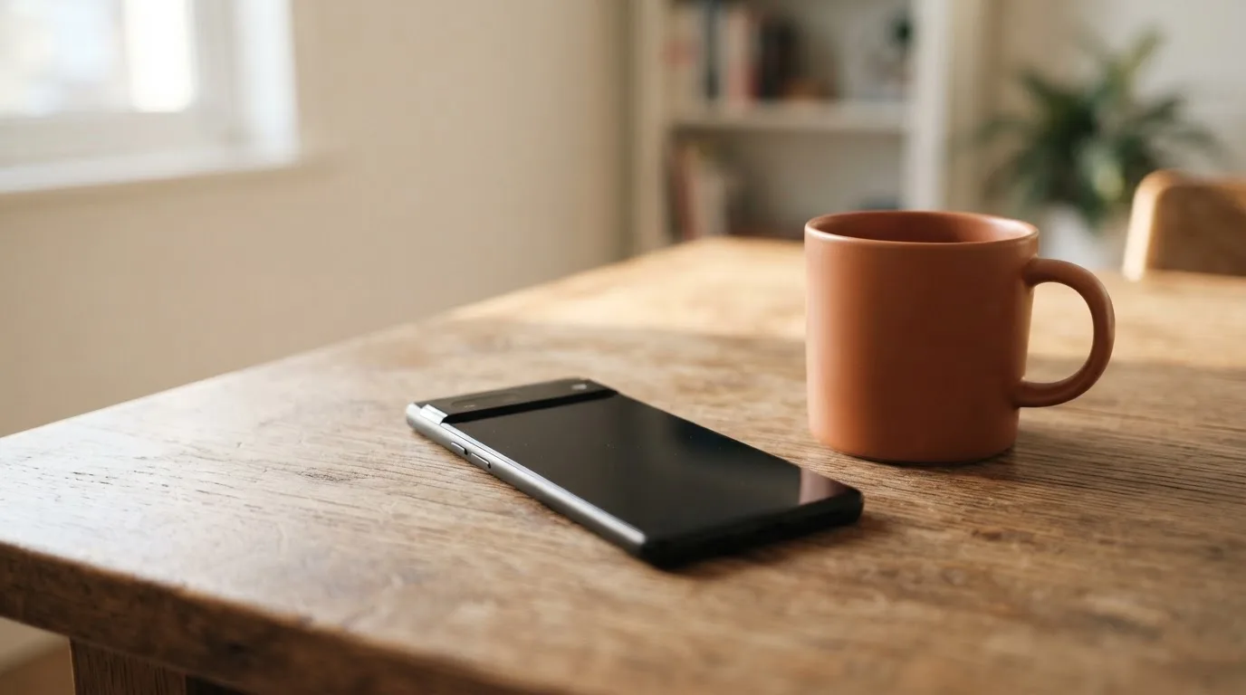 Ein Smartphone mit dunklem Display liegt neben einer Kaffeetasse auf einem Holztisch im Licht eines Fensters.