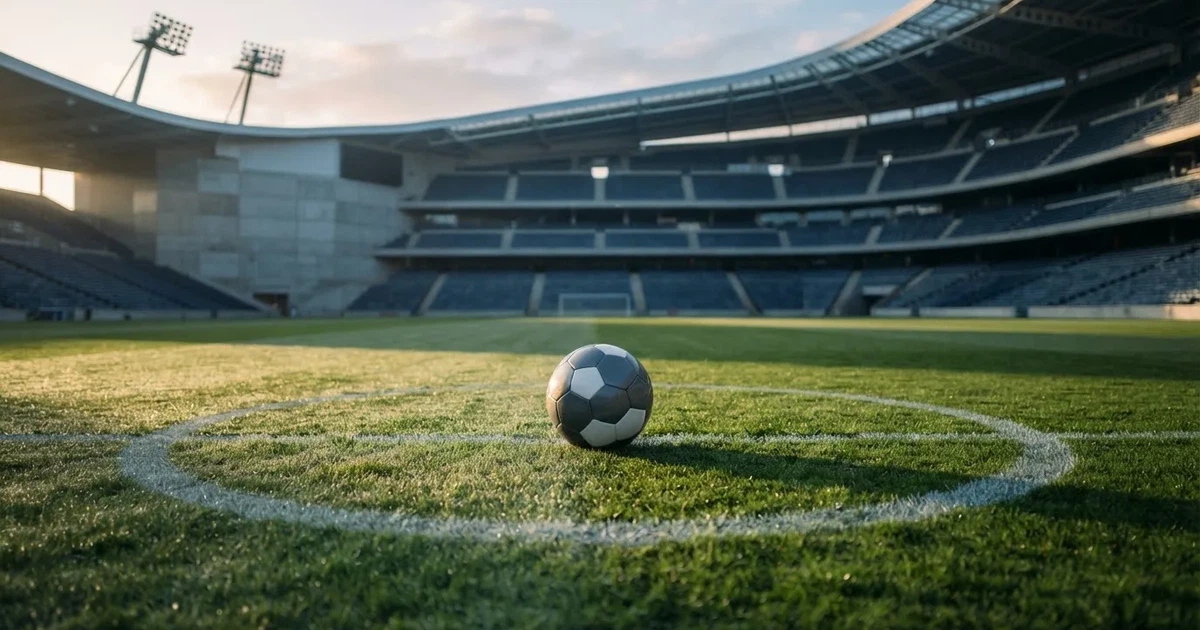 Ein Fußball liegt auf dem Mittelkreis eines Stadionrasens am frühen Morgen, im Hintergrund leere Ränge ohne erkennbare Beschriftung.
